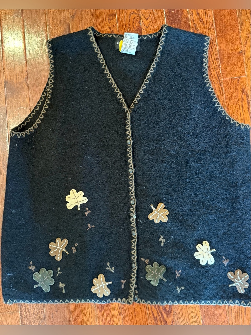 Vintage Sag Harbor Black Wool Fall Leaf Vest Goblincore Granny Chic Kitschy XL